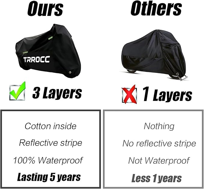 300D Heavy Duty Motorcycle Cover Waterproof Outdoor, Quad Cover for BMW, Harley, Yamaha, Lined with Cotton, Touring, Sportbike, Scooter, Powersports Vehicle Covers, L Black