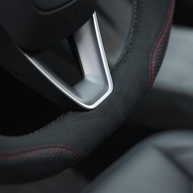 MEWANT Hand Stitched Steering Wheel Cover for 2024 2025 2026 Tesla Model 3 Highland 2025 2026 Model Y Juniper Black Suede Genuine Leather Custom Fit DIY Wrap Interior Accessories