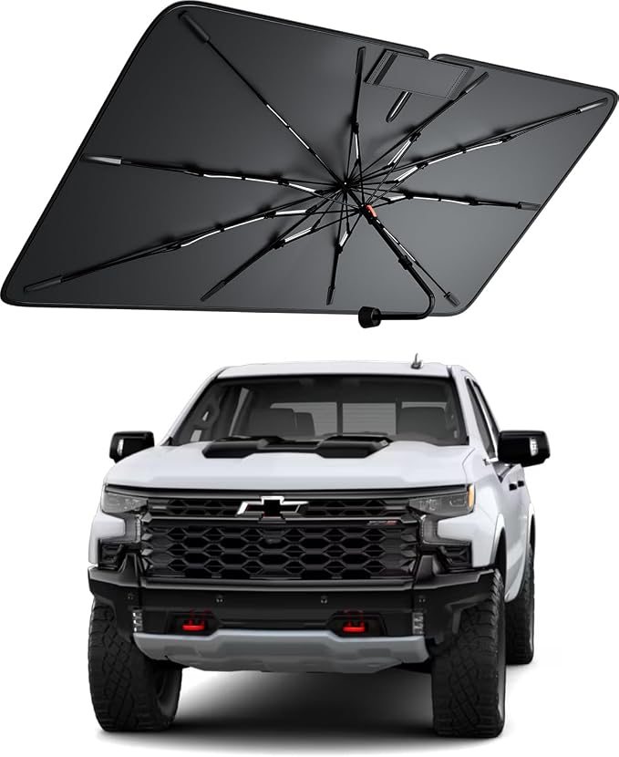 Windshield Sun Shade for Chevrolet Silverado 1500 2000–2026, Foldable Umbrella Sunshade with 100% UV Block, Multi-Layer Heat Insulation, Reinforced 10-Rib Frame, Keeps Car Cooler