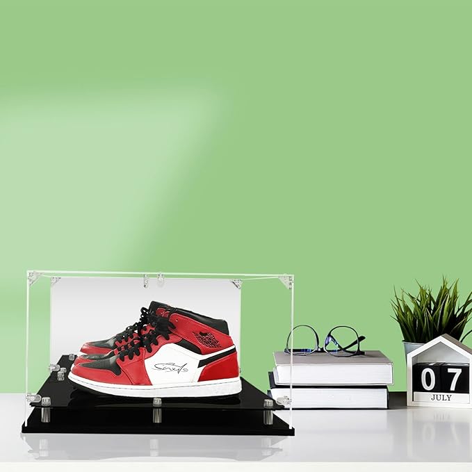 Acrylic Sneaker Display Case, Clear Shoe Box with Mirror Back & Elevated Base, 3mm Thick Collectible Display Showcase for High Tops, Fits up to US Size 15, Dustproof Organizer (Assembly Required)