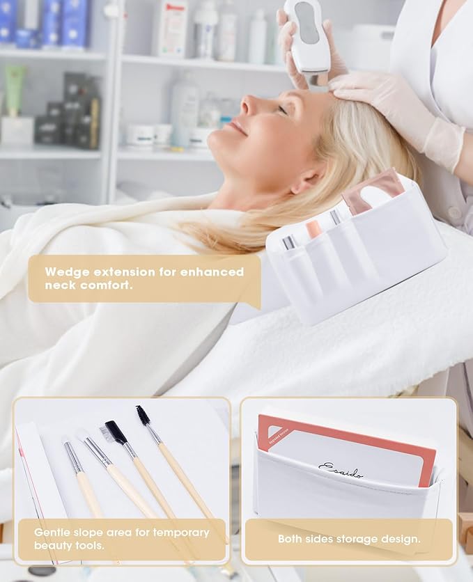 Onism Lash Pillow for Eyelash Extensions, 23'' Extra Wide Waterproof PU Leather Memory Foam Neck Support, Ergonomic Salon Grafting Headrest with Side Organizers, White