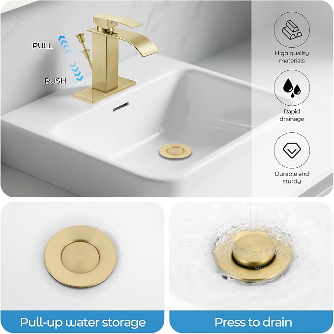 Brushed Gold Bathroom Faucet with Lift Rod Drain, Waterfall Bathroom Sink Faucet Modern Single Handle Bathroom Faucte 1 or 3 Hole, RV Mixer Tap Vanity Faucet Washbasin Faucet with Deck
