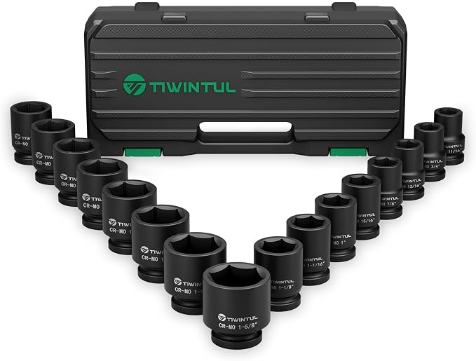 3/4 Inch Drive Impact Socket Set, 16 Pieces SAE 11/16" to 1-5/8" | CR-MO Steel, 6 Point, Heavy Duty Impact Socket Set for Large Vehicle and Equipment Maintenance