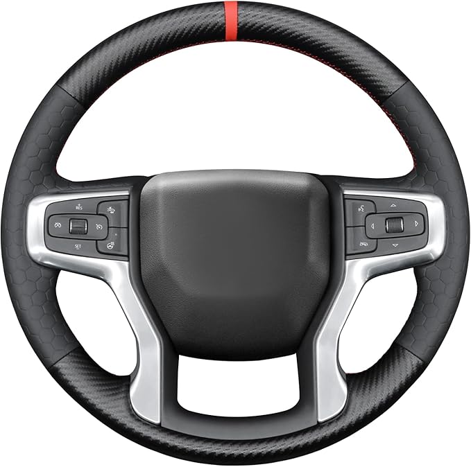 MEWANT DIY Embossed Faux Leather PU Carbon Fiber Steering Wheel Cover for Chevy Silverado 1500 Blazer Suburban Tahoe