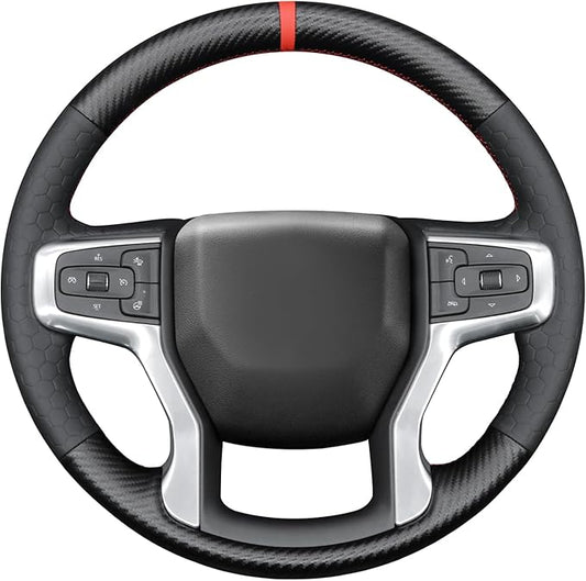 MEWANT DIY Embossed Faux Leather PU Carbon Fiber Steering Wheel Cover for Chevy Silverado 1500 Blazer Suburban Tahoe