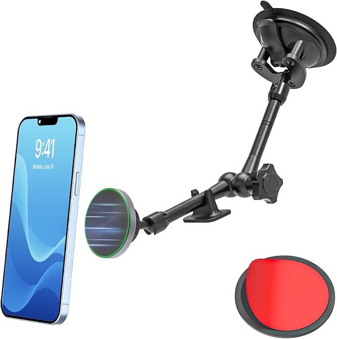 Vacuum Suction Cup Magnetic Phone Mount for Truck Windshield Dashboard, Fit for 4.7-11" Device, Heavy-Duty 360° Adjustable Metal Arm, Compatible with iPhone 16 15 14 Pro Max, iPad, Galaxy Tabs