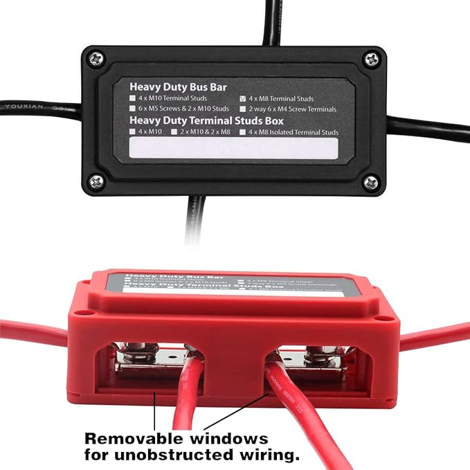 300A Bus Bar 12V DC Waterproof Power Distribution Block with 4 x 3/8" (M10) Terminal Studs Heavy Duty Battery Terminal Block 12v Junction Block for Automotive Marine RV(Positive & Ground)