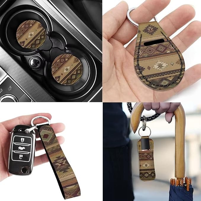 12 Pc Brown Aztec Tribal Car Seat Covers Full Set Ethnic Style Southwestern Boho Car Seat Covers/Steering Wheel Covers/Seat Belt Pads/Key Chain/Coaster/Lipstick Holder Universal Fit