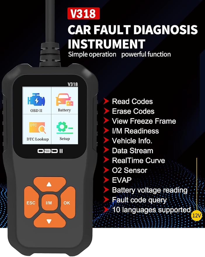 Outzone V318 OBD2 Scanner, Basic Car Code Reader with 1.8" Color Screen, Engine Fault Code Scanner for All Gasoline OBDII Vehicles, Read & Clear Check Engine Light, 10 Languages Supported
