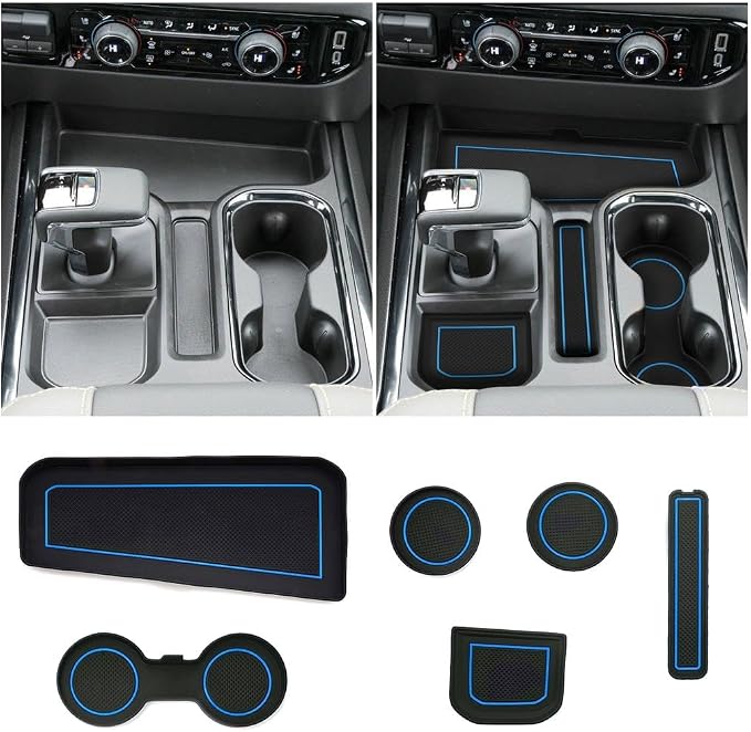 For 6PCS Refreshed Models 2022-2026 Silverado/Sierra 1500 & 2024-2026 Sierra 2500 3500 Console Liners-[3D High-Edge Liquid Silicone] Cup Holder Mats, Full Console w/Bucket Seats ONLY - Blue