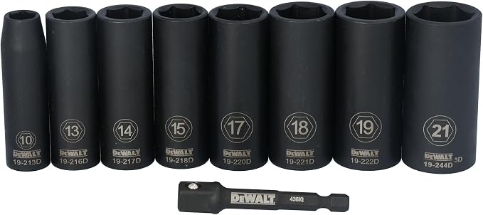 DEWALT 3/8 Impact Socket Set, 9 Pcs Deep Metric Socket Set, 6 point, 10 mm to 21 mm, Includes 1/4 inch Adapter, for Cordless and Corded Impact Drivers and Wrenches (DWAFSMSET9)