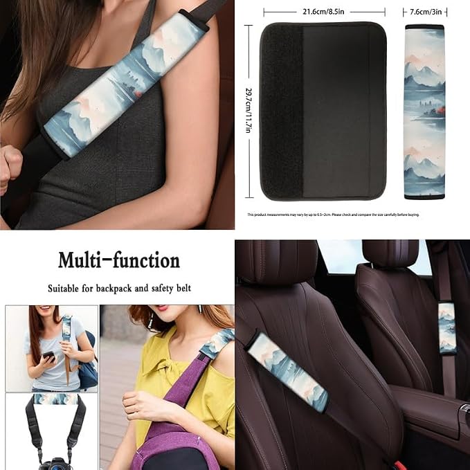 Chinoiserie Mountian Hand Drawing 13 Pack Car Accessories Set Include Car Chinese Landspace Front Seat Covers Car Decorations,Car Cup Pad Seat Belt Shoulder Pads, Universal Size, F9-13B