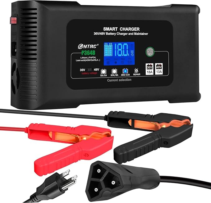 Battery Charger, Smart 0-18A 36V/48V Trickle Charger, Portable Car Battery Charger with 9 Stages of Charging for LiFePO4, Lead-Acid, and Lithium Batteries, with Battery Repair Function