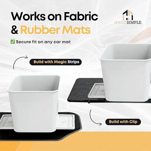 White Car Trash Can with Stability Wings | Magic Strip & Clip for Fabric & Rubber Mats – Includes 1 Box of Trash Bags Inside + 6 Extra Boxes (Total of 7 Boxes, 140 Bags) – Compact Garbage B