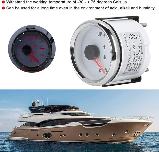 Boat Marine Trim Gauge 52mm/2in UP-DN Boat Gauges Set 0-190ohm Trim Tilt Indicator Red Backlight (White Dial Silver Frame)