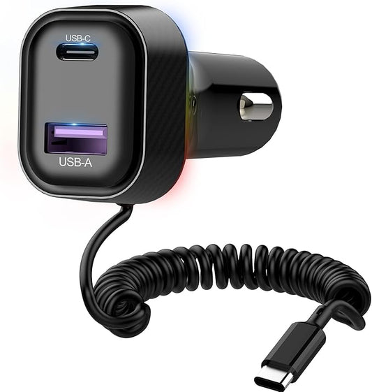 Car Charger 60W Super Fast Charging, QC3.0 USB C Car Phone Charger with 3.2ft PD 30W Type C Cable, 3 in 1 Car Adapter for iPhone 16/15/14/13Pro Max Plus Samsung Galaxy Google Pixel/Android Black