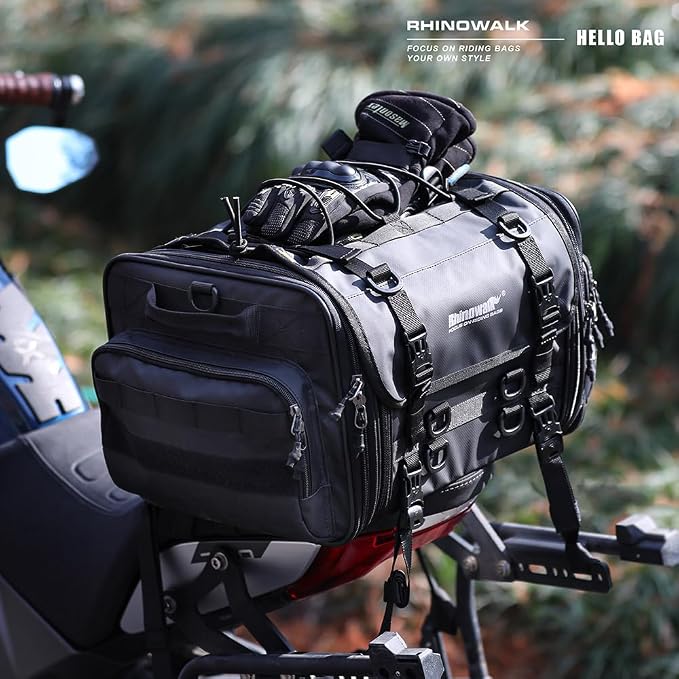 Rhinowalk Motorcycle Saddle Bag Motorbike Tail Bag Waterproof Expandable Pannier Bag Powersports Travel Luggage 33-45L (Black)