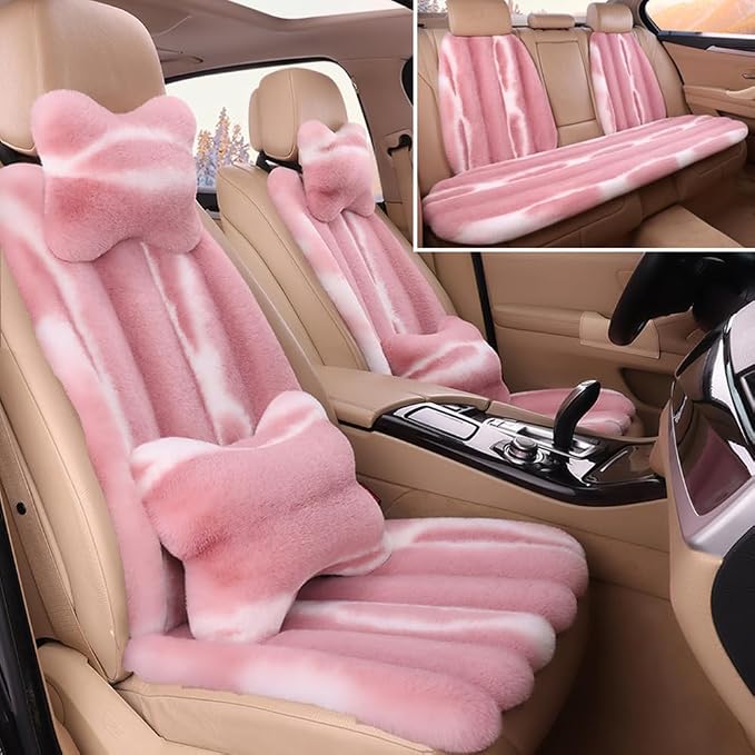 Faux Sheepskin Car Seat Cover Full Set, Fluffy Cute Pink Fur Car Seat Covers for Fuzzy Soft Auto Universal Plush Vehicle Seat Protector Pad Accessories Home and Office Chair
