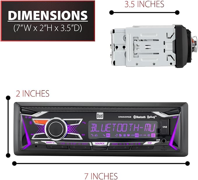 Dual Electronics XRM69RGB | 12-Character LCD Single DIN Car Stereo | RGB Custom Colors | Push to Talk Assistant | Bluetooth Hands Free Calling Music Streaming | AM/FM | USB Playback & Charging