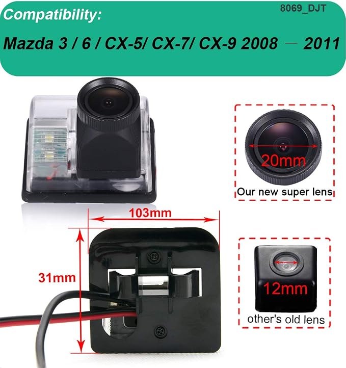 HD IP68 1280Pixels 20MM Lens Auto Vehicle Car Van 170° Wide Angle License Plate Light Rear View Reversing Backup Camera Parking Aids System Compatible with Mazda3/6/CX-5/CX-7/CX-9