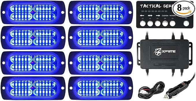 Xprite 24 LED Blue Surface Mount Strobe Police Lights Kit, Emergency Safety Warning Flashing Grille Safety Cop Marker Light Assembly for Volunteer Vehicles Trucks ATV UTV Motorcycle 8PCS