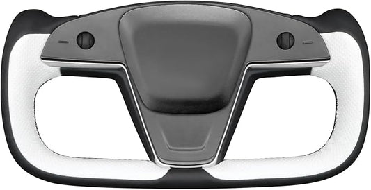 MEWANT Black White Leather Steering Wheel Cover for Tesla Model S Yoke 2021-2023 Model X Yoke Hand Stitch Steering Wrap