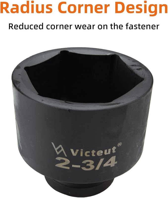 1" Drive 2-3/4" Impact Socket, 6-Point, Heat Treated Cr-V Alloy Steel, One-Piece Forged, Surface Phosphating and Blackening Treatment, Anti-rust, Radius Corner Design, No Harm to Nut Corners