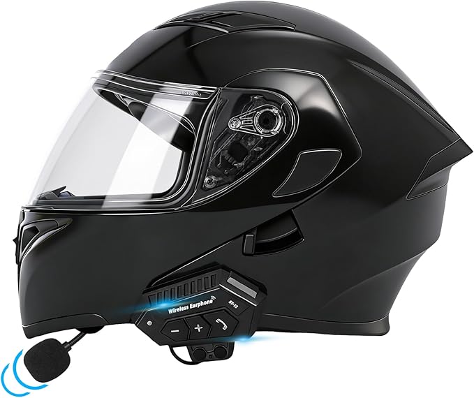 Motorcycle Bluetooth Modular Helmet, DOT FMVSS-218 Approved Flip Up Full Face Motorcycle Dual Visor Helmet, with Dual Speakers and Microphone, for Adults Men and Women