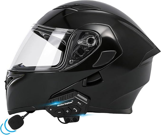 Motorcycle Bluetooth Modular Helmet, DOT FMVSS-218 Approved Flip Up Full Face Motorcycle Dual Visor Helmet, with Dual Speakers and Microphone, for Adults Men and Women