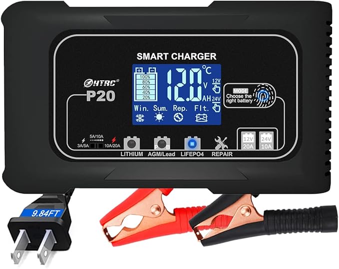 Smart Battery Charger 20A 12V/24V Fully Automatic Maintainer, Trickle Charger/Desulfator with Overcharge Protection & Temperature Compensation for LiFePO4 Lead Acid Lithium Batteries