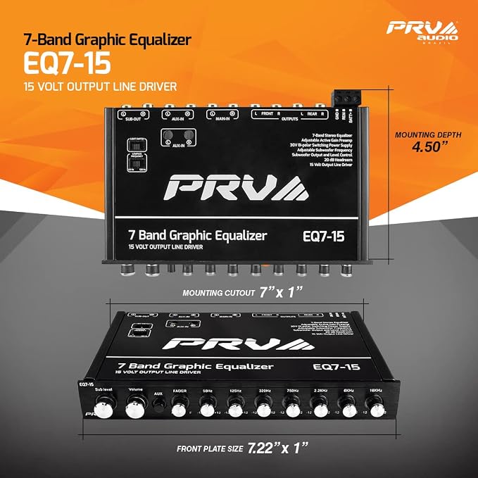 PRV AUDIO EQ7-15 7 Band Graphic Equalizer 15 Volt RCA Line-Level Output with Fader and Subwoofer Level Control for Car Audio