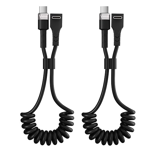 Coiled Car Carplay Cable for iPhone 15 16 15 Pro Max 15 16 Plus, 90 Degree USB C to Type C 60W Fast Charging Cord, Retractable Angled iPad Car Charger iPad Pro iPad Air Mini 6 Replacement 2FT 2 Pack