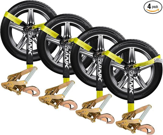 Car Tie Down with Snap Hooks- 4 Pack 2"x96" with 3,300lb Safe Working Load - Adjustable Straps with Snap Hooks Tire Straps for a Car Trailer (Yellow)
