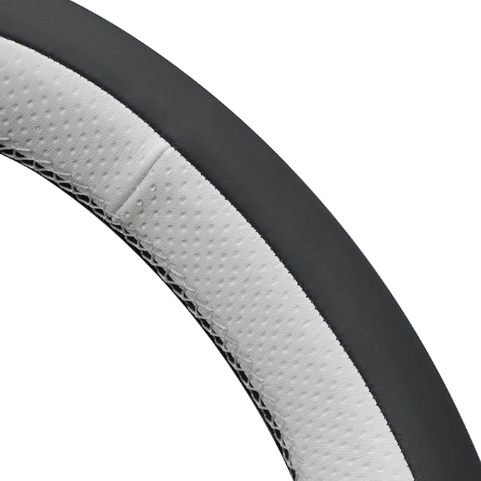 MEWANT Hand Stitch Black White Faux Leather Steering Wheel Cover Wrap for Tesla Model 3 Highland 2025 Model Y Juniper