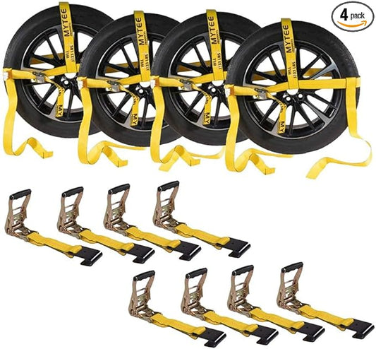 Mytee Products 4 Pack 2" x 120" Yellow Side Mount Wheel Tie Down Strap with Flat Hook & Dual Ratchet – 3,333 lbs WLL Wheel Net Fits 14–17" Tires, Heavy Duty Vehicle Tie Down Strap for Car Hauling