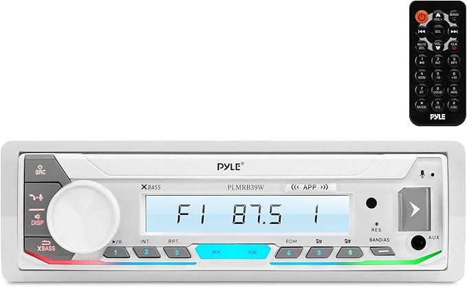 Pyle Marine Stereo Receiver Power Amplifier - AM/FM/MP3/USB/Aux/SD Card Reader Marine Stereo Receiver, Single Din, 30 Preset Memory Stations, LCD Display with Remote Control - PLMRB39W