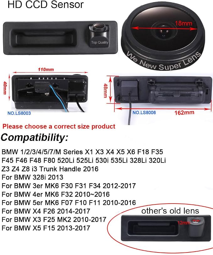 Super Starlight pro HD Car Reversing System Parking Assistance -Waterproof Trunk Handle Camera, for BMW 1/2/3/4/5/7/M Series X1 X3 X4 X5 X6 F18 F35 F45/5er MK6 F07 F10 F11/ X4 F26/X3 F25 MK2/X5 F15