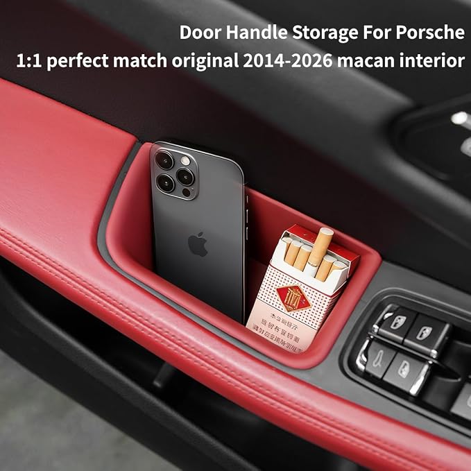 4PCS Door Side Storage Box for Porsche Macan Accessories 2014-2026, Front Rear Car Door Handle Organizer Tray for Phone, Keys, Cards, Macan Car Accessories Interior (Red for Ma-can 2014-2026)