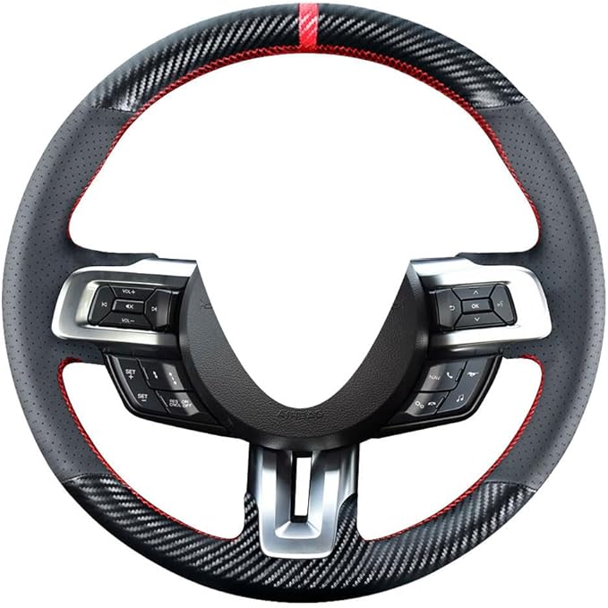 DIY Steering Wheel Cover Custom Fit for Ford Mustang 2015 2016 2017 2018 2019 2020 2021 15 inches Black Leather Carbon Fiber Interior Accessories