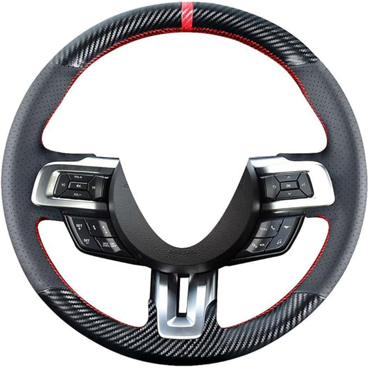 DIY Steering Wheel Cover Custom Fit for Ford Mustang 2015 2016 2017 2018 2019 2020 2021 15 inches Black Leather Carbon Fiber Interior Accessories