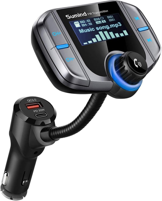 Upgraded Bluetooth FM Transmitter, Wireless Radio Adapter Hands Free Car Kit with 1.7'' Display, QC3.0 and Smart 2.4Amp Dual USB Ports, AUX Input/Output, TF Card Mp3 Player (PD, Sliver Grey)