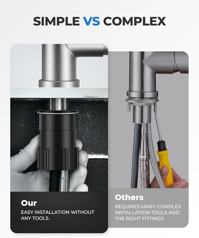WEWE Pull-Down Kitchen Sink Faucet, 3-Mode Spray, 1-Hole, Brushed Nickel | Stream & Spray & Pause Modes, 20" Pull Down Hose, SUS304 Stainless Steel, 500k Cycle Ceramic Cartridge, Tool-Free Twist-Lock