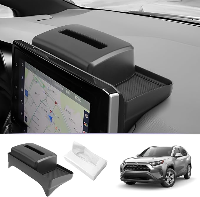 LUWU 2024 RAV 4 Dashboard Storage Tray Compatible with 2019-2022 2023 2024 2025 Toyota RAV 4 Accessories Center Console Display Box Hidden Tray Silicone Organizer Tray w/Tissue Box Behind Screen