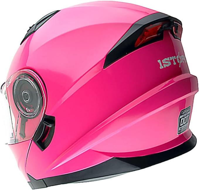 1Storm New Motorcycle Bike Modular Full Face Helmet Dual Visor Sun Shield with Rechargeable LED Tail Light: Glossy Pink