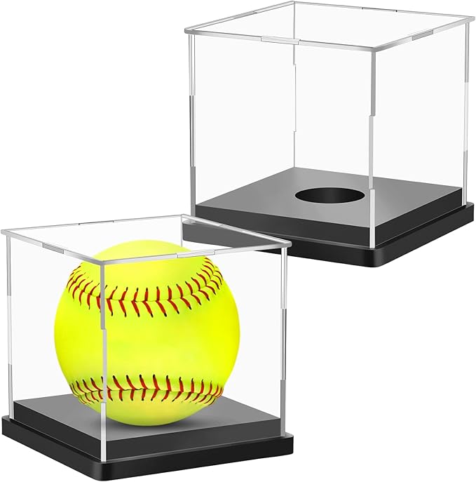 Hooqict 2 Pack Arcylic Softball Display Case Clear Softball Holder UV Protected Stand Championship Display Case Memorabilia Square Box for Golf Tennis Game Ball Baseball