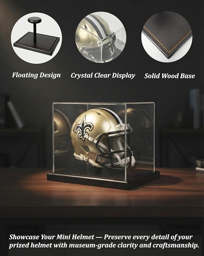 Mini Helmet Display Case with Solid Wood Base - Floating Design Clear Fully Assembled Acrylic Box for 1:2 Scale Football Helmets, Dustproof Memorabilia Showcase (Dark Walnut)