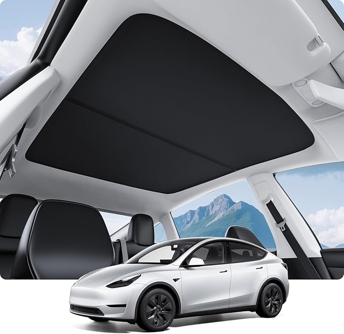 BASENOR 2024-2020 Tesla Model Y Sunshade Roof, [Nano Ice-Crystal Coatings] Heat Insulation Glass Roof Shade, Top Window Retractable Sun Protection, Sunroof Blocking Cover Black