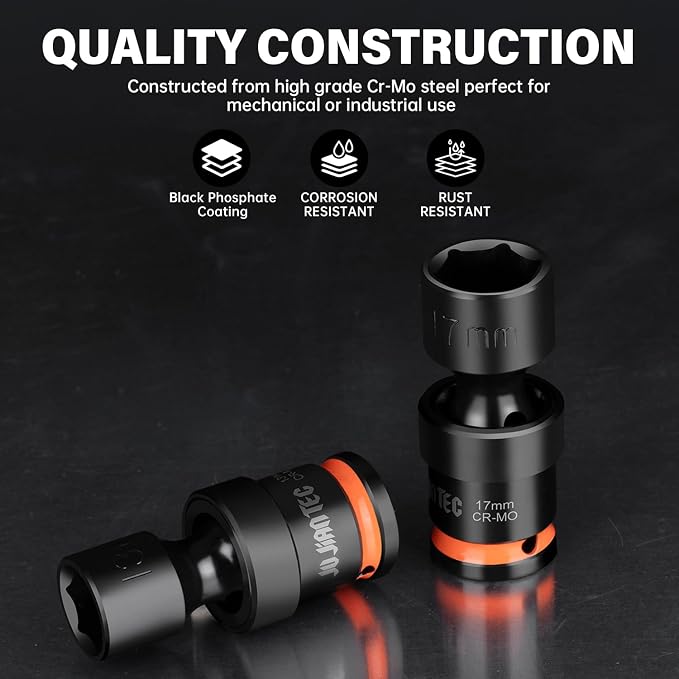 7-Piece 3/8" Drive Shallow Impact Universal Joint Swivel Socket Set, Metric(10-19mm), Flexible Wobble, CR-MO Steel, with Heavy-Duty Storage Case