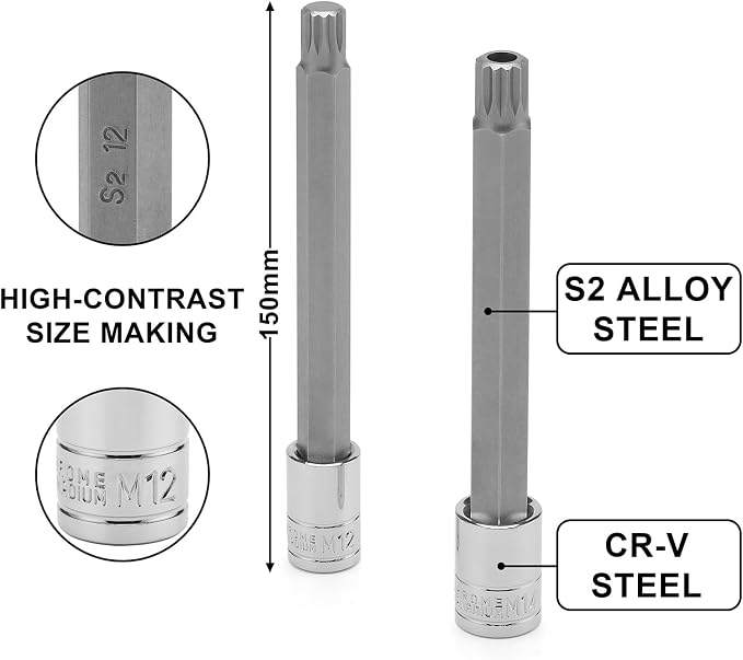 EMENTOL 40PCS Extra Long Hex, Torx and XZN Triple Square Spline Bit Socket Set, CR-V, S2 Steel, 5.9" Length