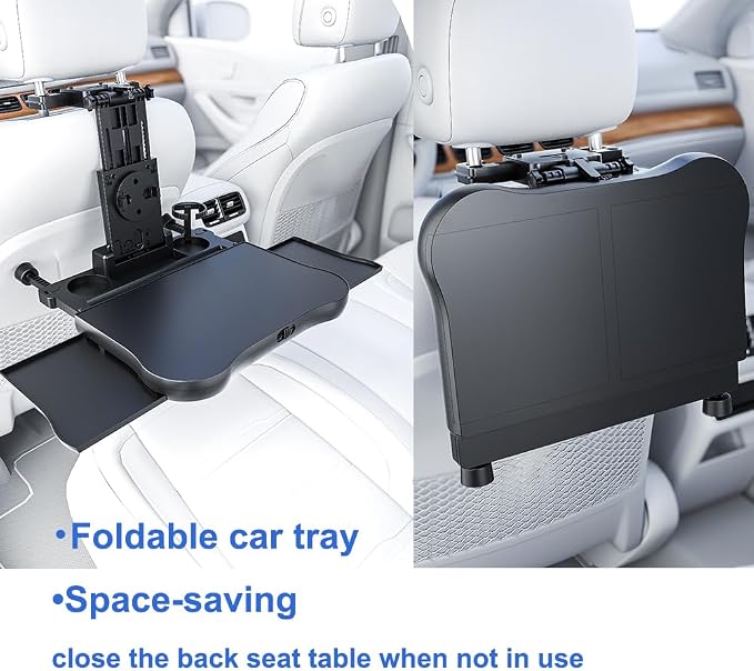 Car Back Seat Tray with Extendable Table, Car Travel Desk for Laptop with Phone Holder, Foldable Trays for Eating & Working, Car Travel Tray Table for Rear Passenger